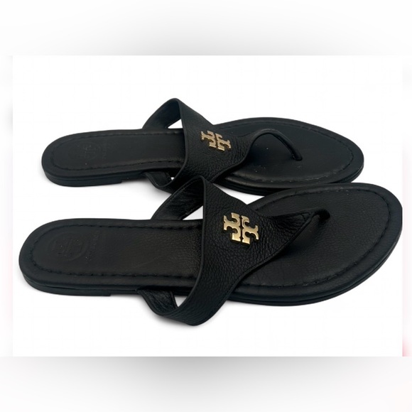 TORY BURCH Jolie Flat Thong Sandals Black/Gold 8.5M Tumbled Leather Excellent - Picture 4 of 8